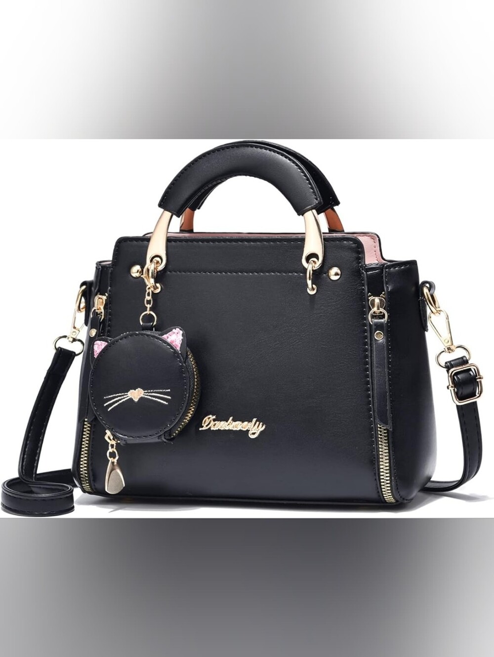 Black Satchel Crossbody Bag with Cat Coin Purse Charm And Top Handles